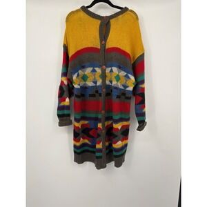 Commander Geometric Pattern Knit Long Cardigan Sweater Yellow Multi Color 42